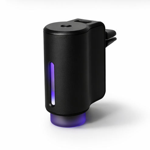 Black electronic device with a purple light on a white background